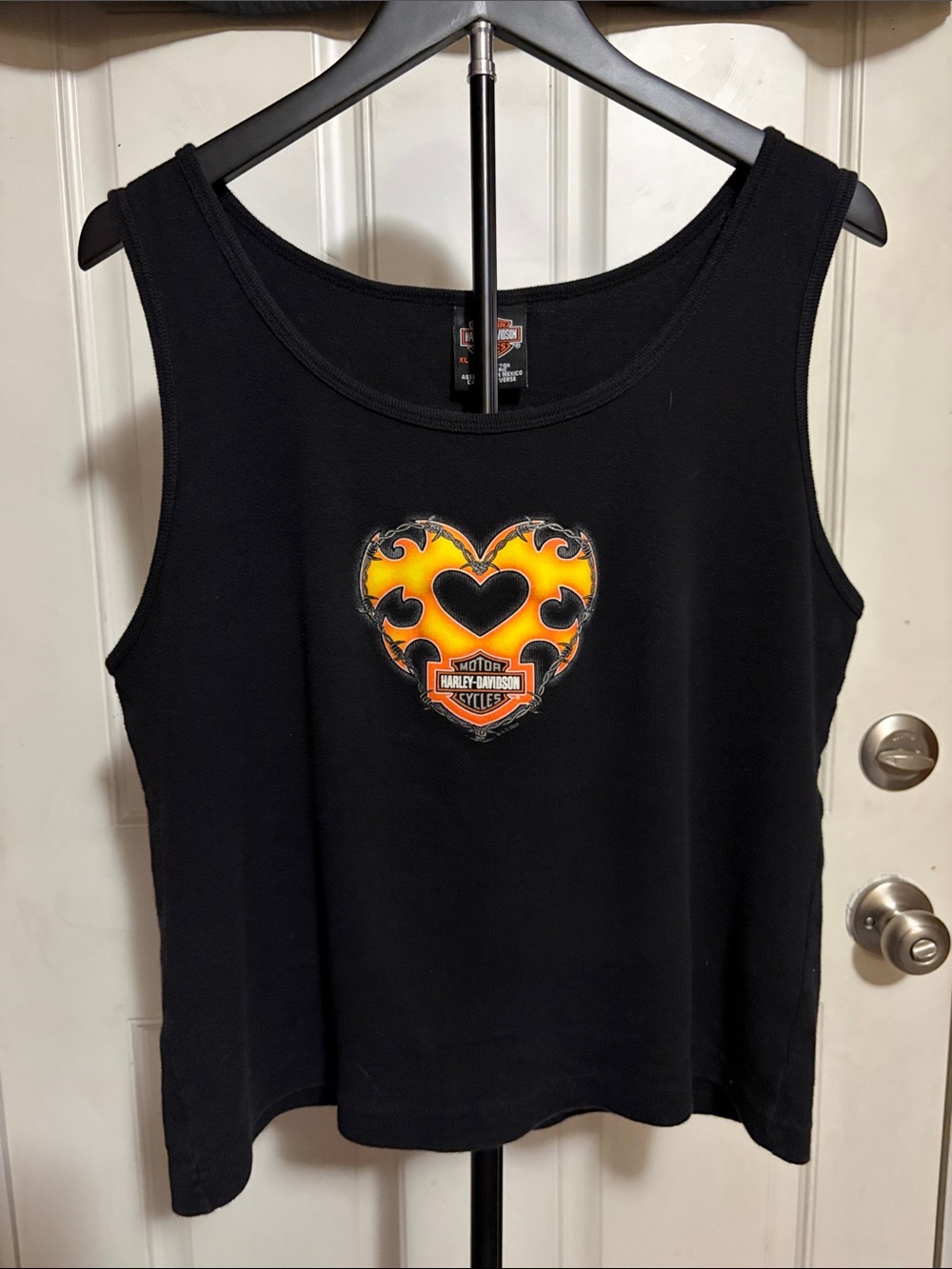 Y2K Harley Davidson Flaming Heart Black Tank Top Double Graphic